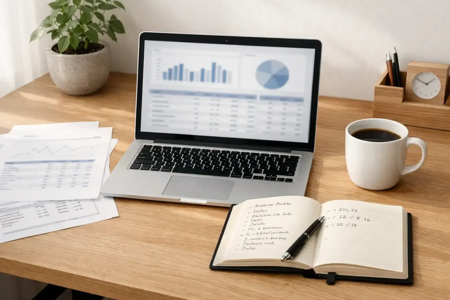 Ordentlicher Schreibtisch mit Laptop, Notizen und Kaffeetasse für systematische Analyse