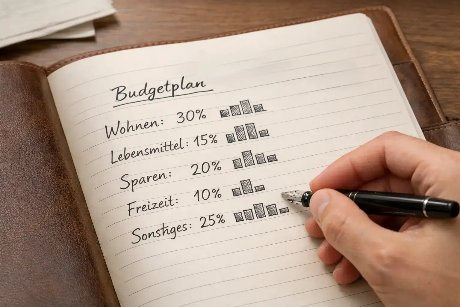 Person plant sorgfältig ihr Wettbudget mit Notizbuch und Stift