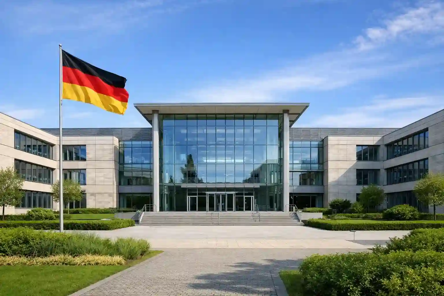 Modernes Verwaltungsgebäude mit deutscher Flagge