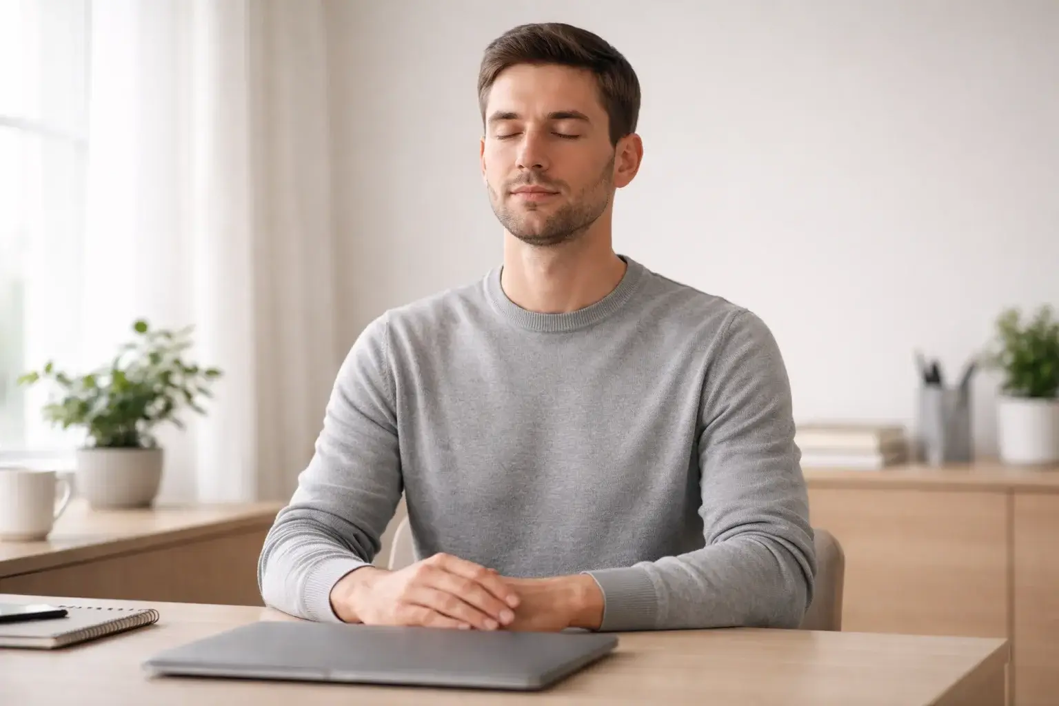 Ruhiger und konzentrierter Mann arbeitet diszipliniert an seinem Laptop