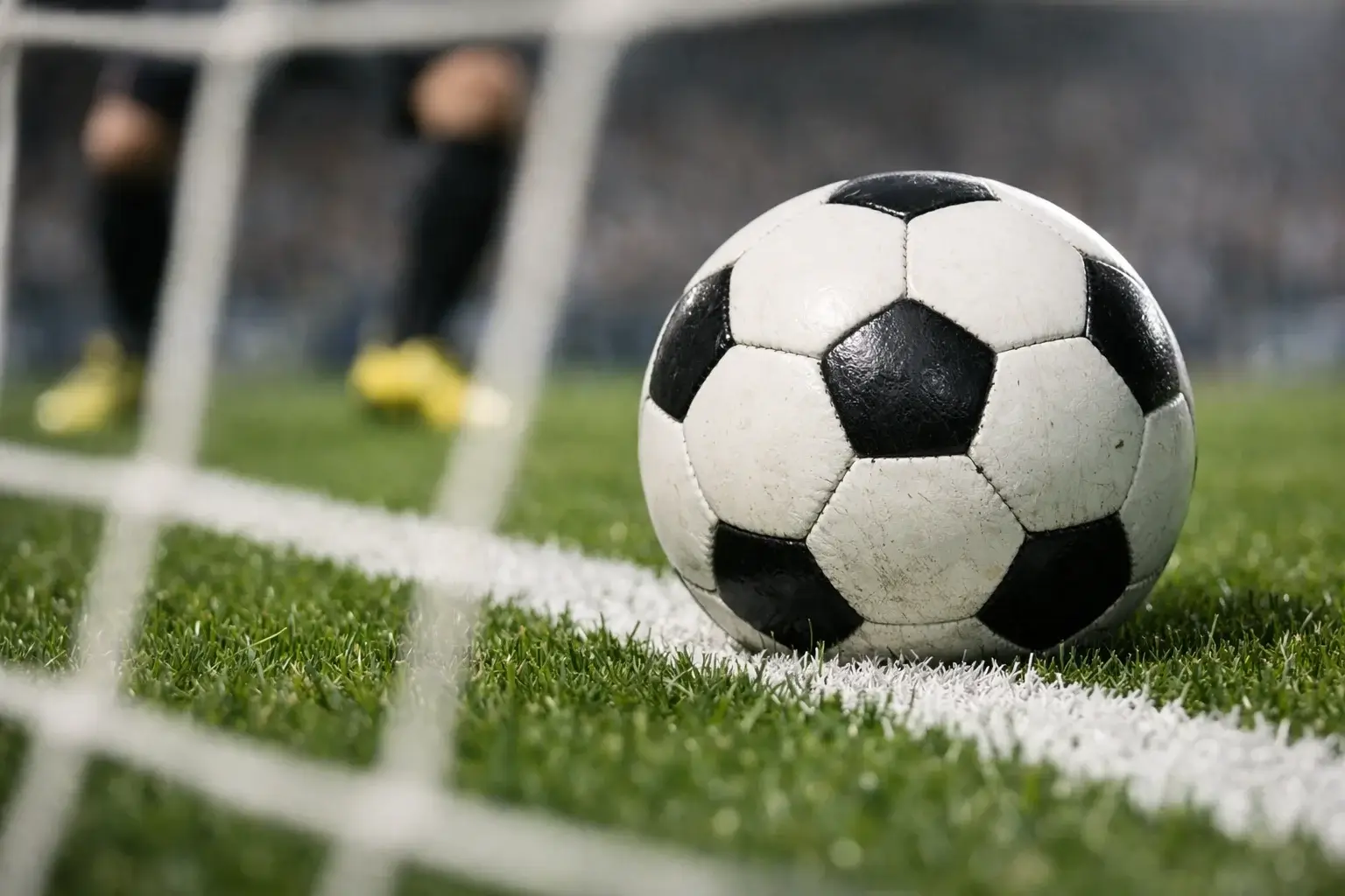 Dramatischer Moment im Fußballspiel mit Ball kurz vor der Torlinie