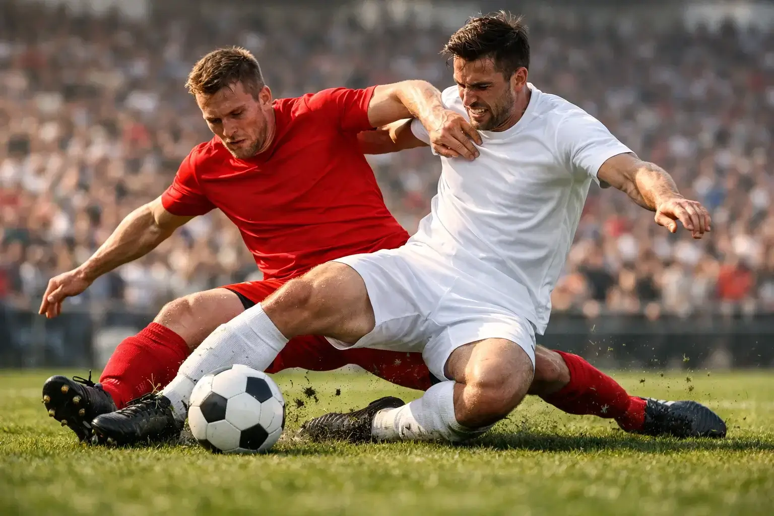 Zweikampf zwischen zwei Fußballspielern auf dem Rasen