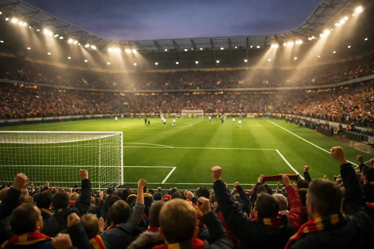 Atmosphärische Abendstimmung in einem Bundesliga-Stadion mit Flutlicht und Fans