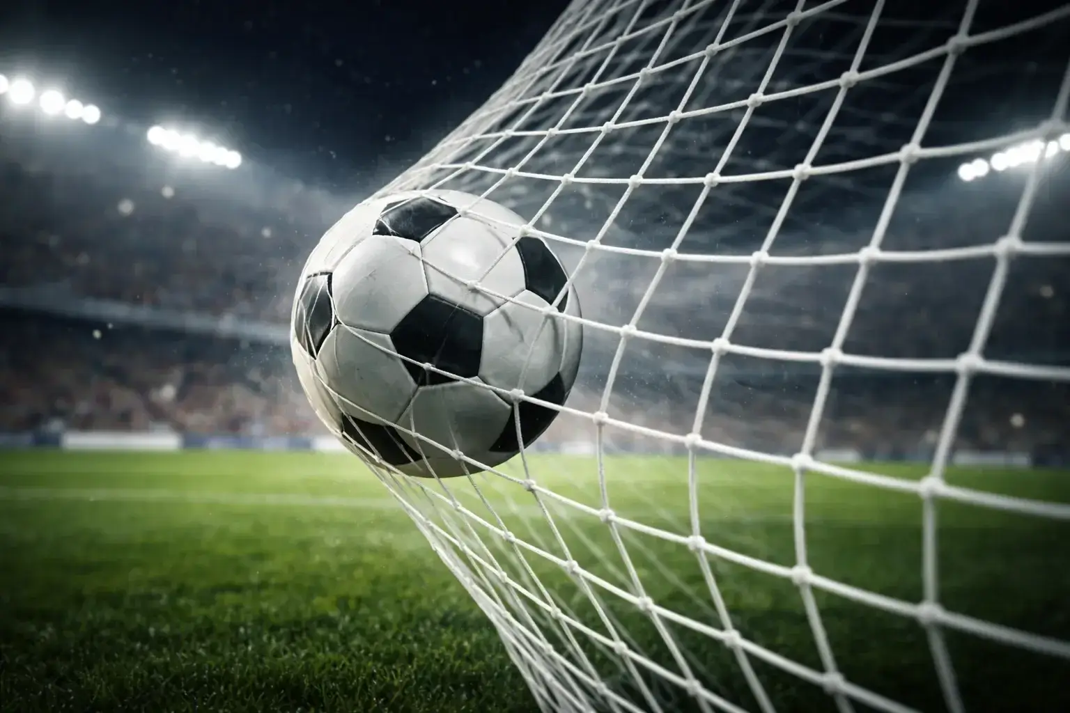 Fußball fliegt ins Tornetz bei einem Bundesliga-Spiel