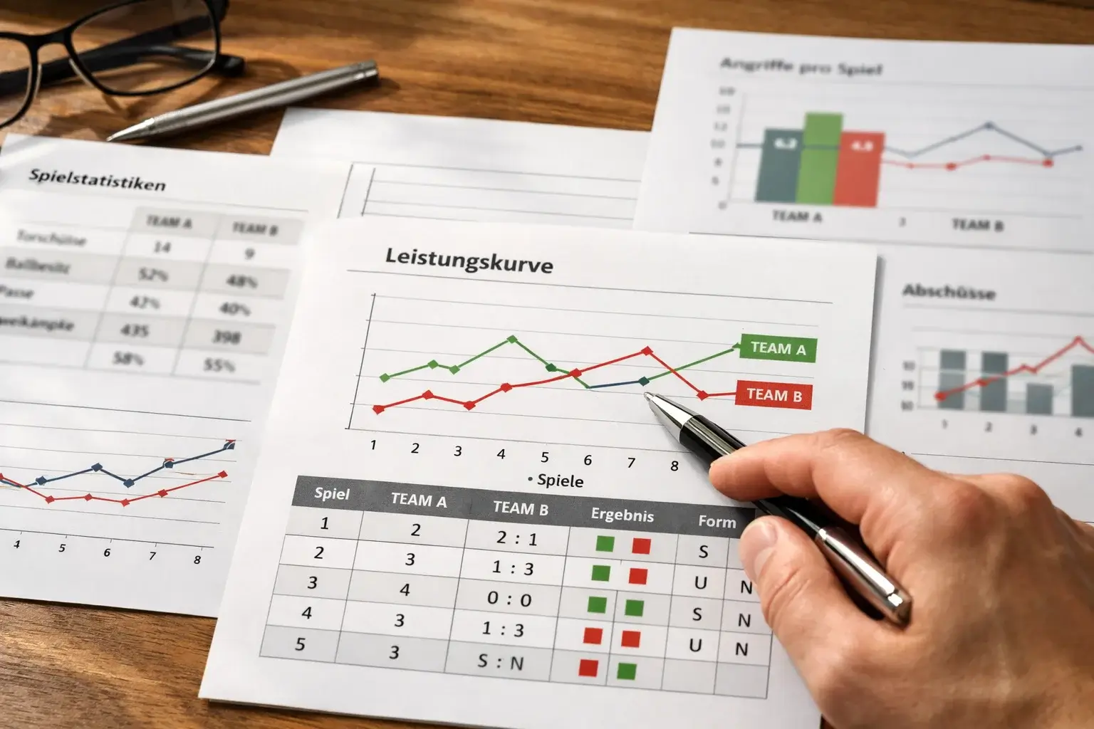 Detaillierte Fußballstatistiken und Leistungsdaten auf Papier ausgebreitet