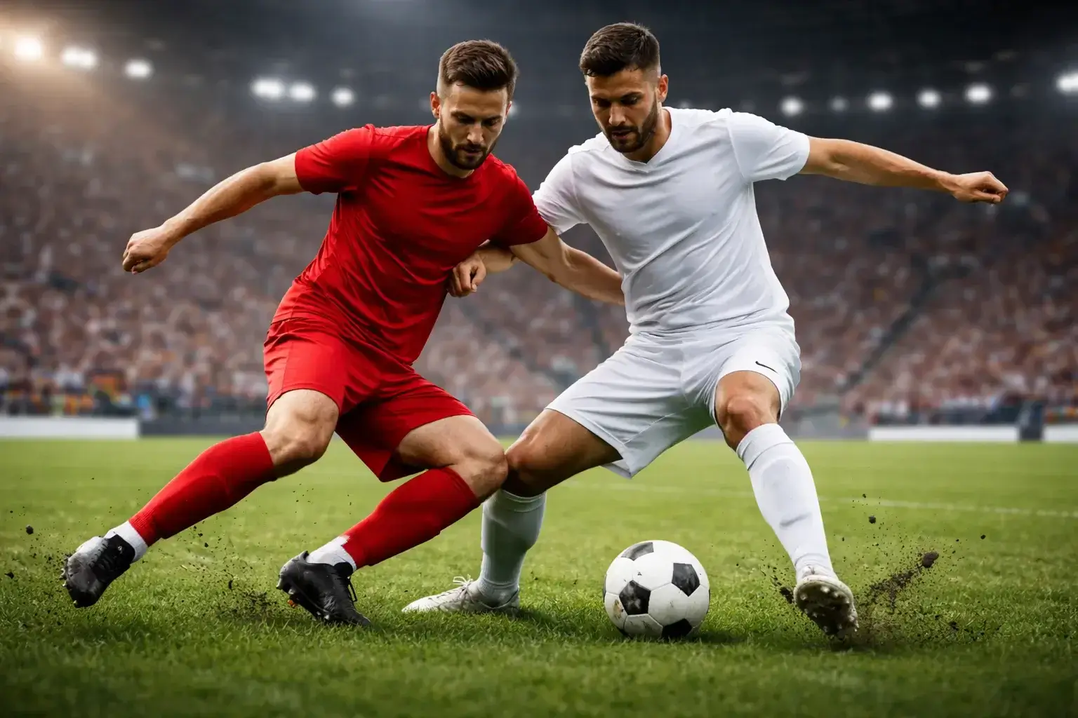 Zwei Fußballspieler im intensiven Zweikampf auf dem Rasen