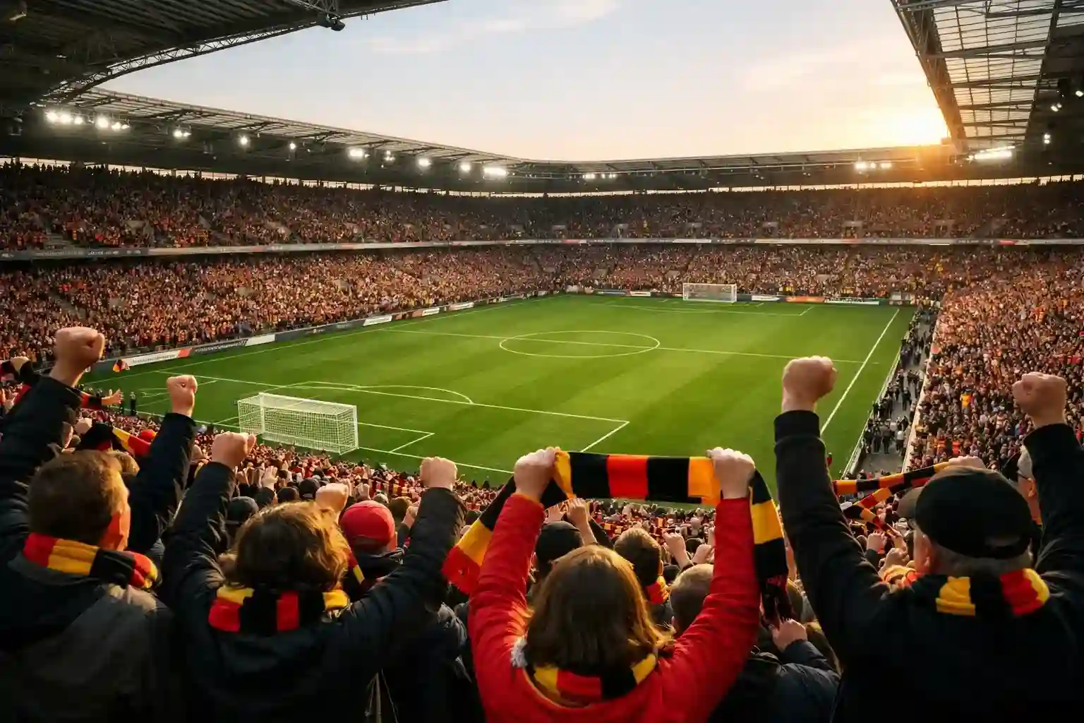 Volles Bundesliga-Stadion mit begeisterten Fans auf den Tribünen