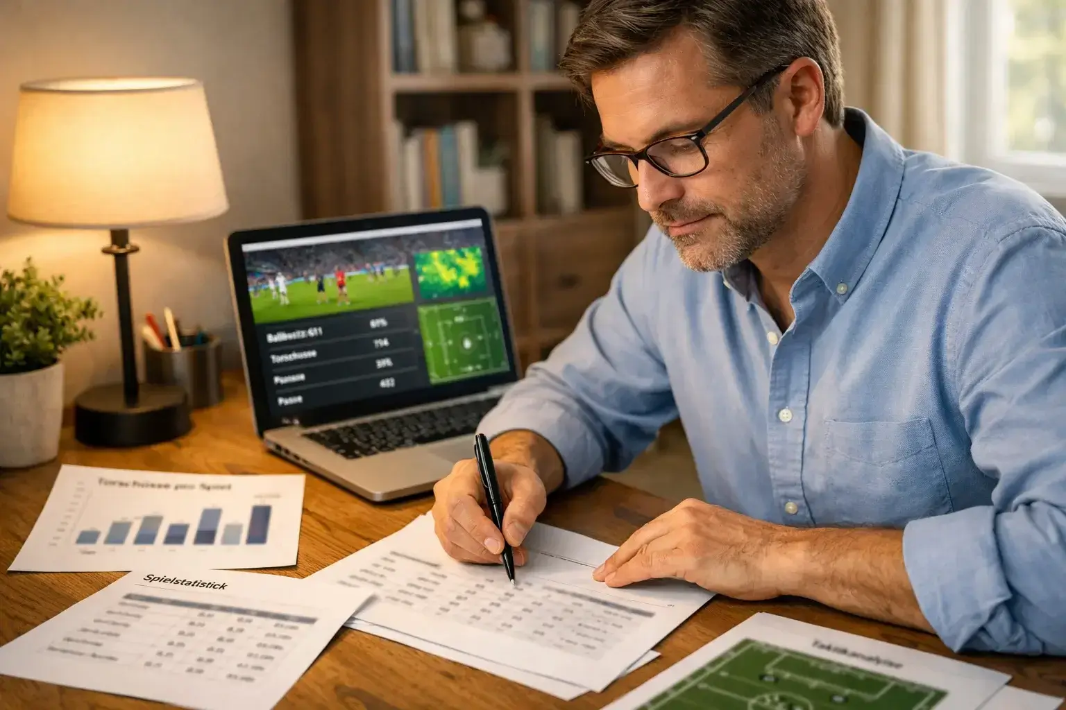 Konzentrierter Analyst studiert Fußballstatistiken und Leistungsdaten am Arbeitsplatz