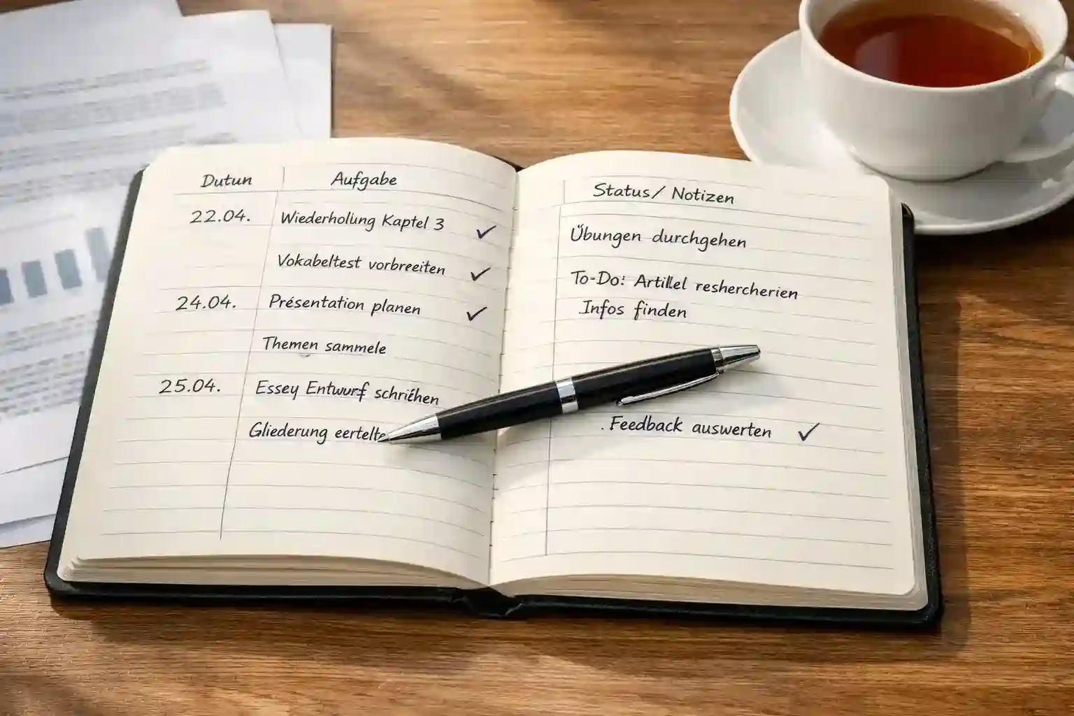 Aufgeschlagenes Notizbuch mit handschriftlichen Aufzeichnungen und Analysen