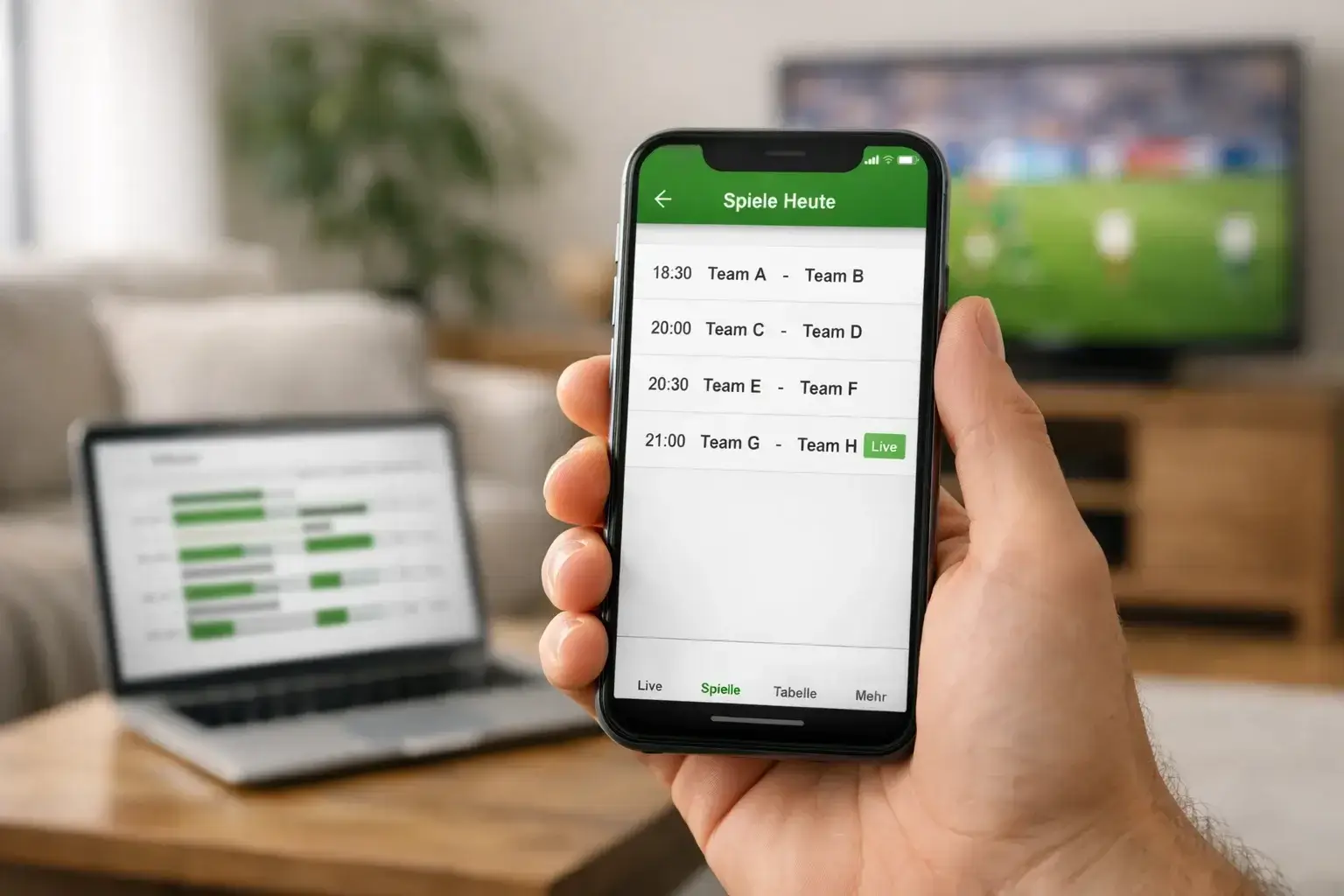 Smartphone zeigt Sportwetten-App mit Bundesliga-Wettangeboten neben Laptop mit Quotenvergleich