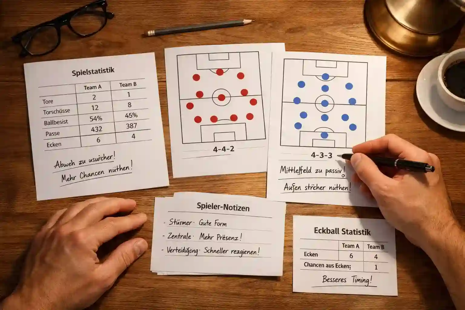 Person analysiert Fußballstatistiken auf Papier am Schreibtisch