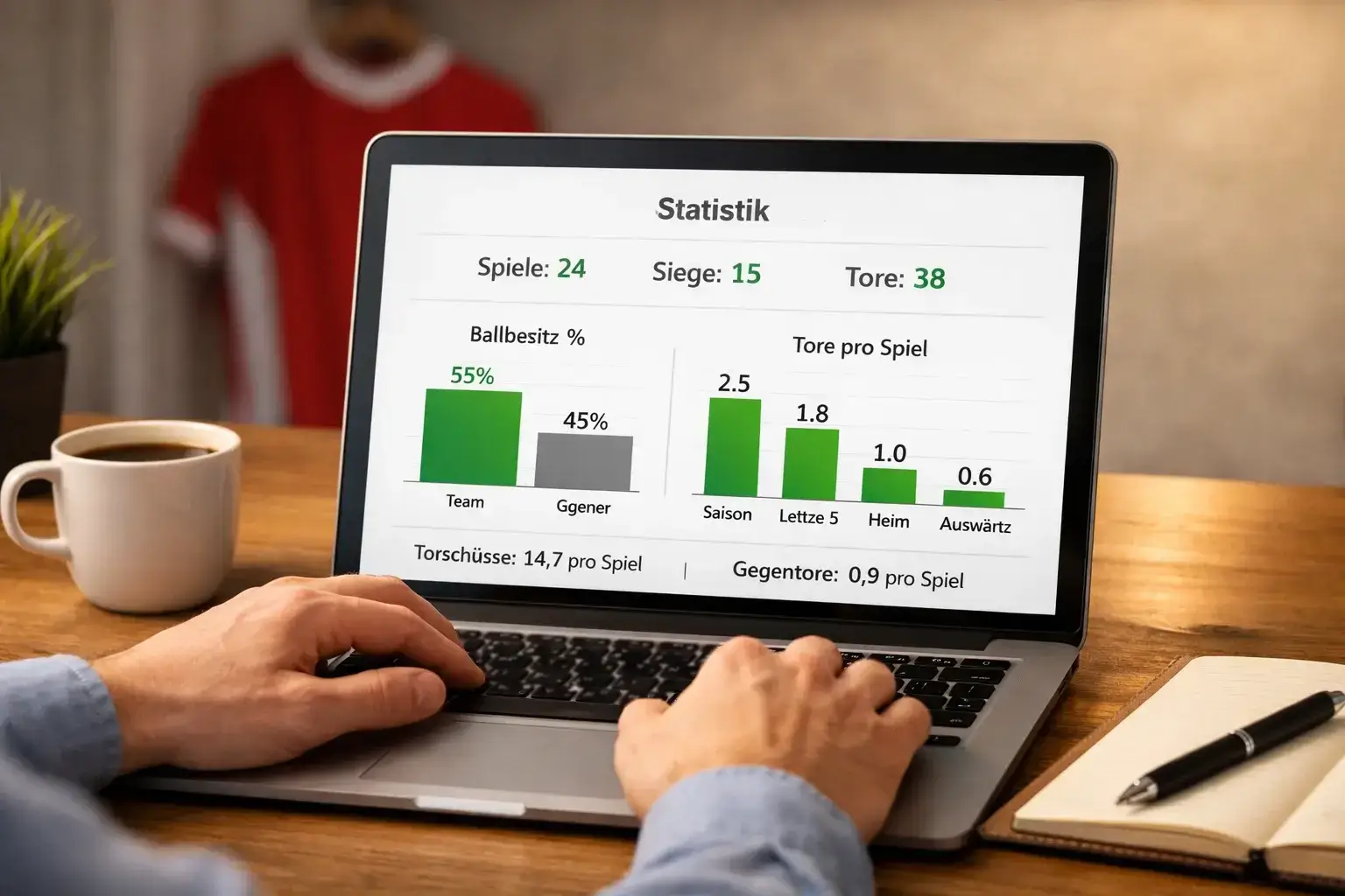 Person analysiert verschiedene Wettmärkte auf einem Laptop mit Fußballstatistiken